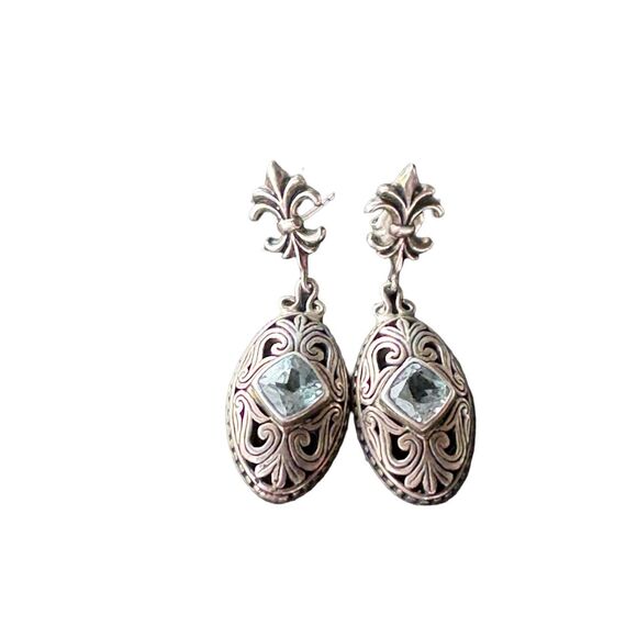 New Sterling Silver and Fleur-de-lis Blue Topaz  Dangle Drop Earrings - Picture 3 of 8